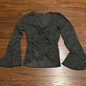 Lulus Black and White Polka Dot Long Sleeve Wrap Front Tie Blouse, size S